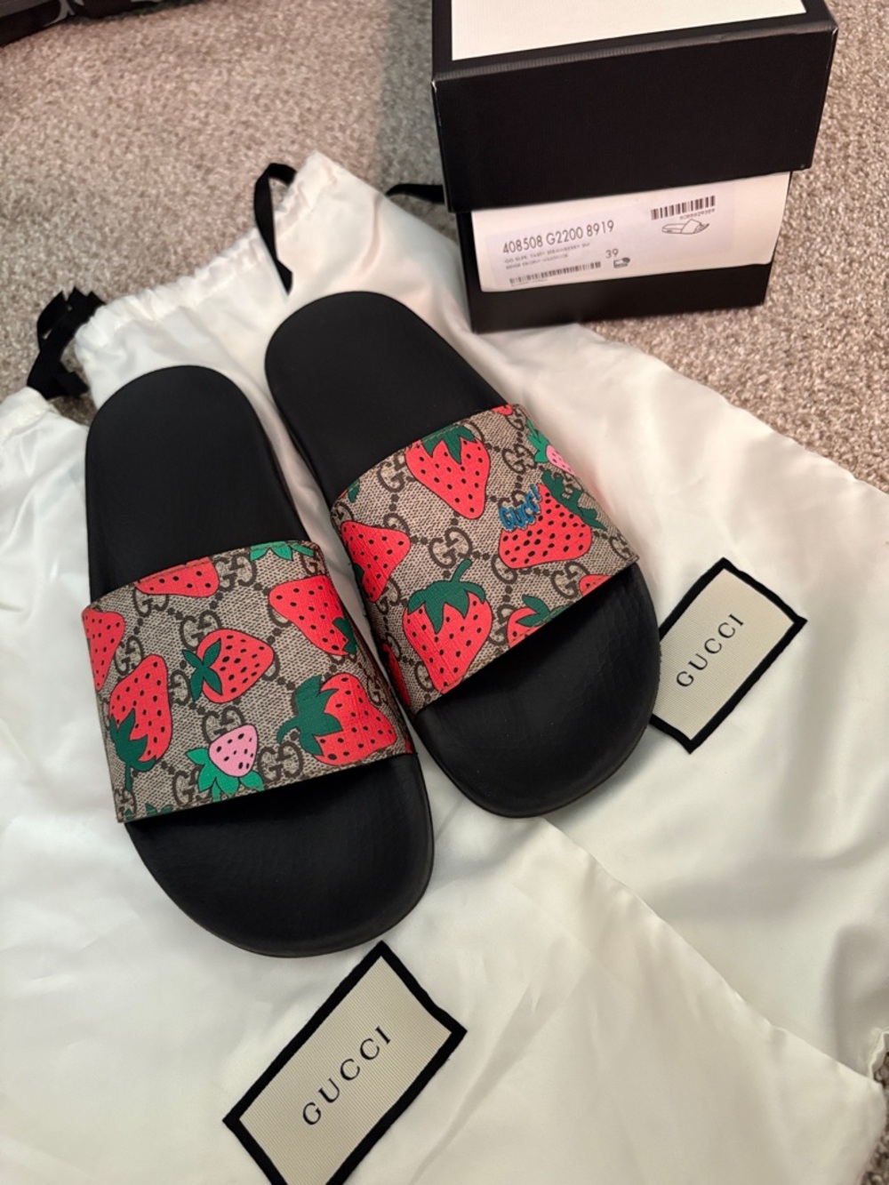 Gucci GG Supreme Strawberry Slide Sandals - Black, Red & Green